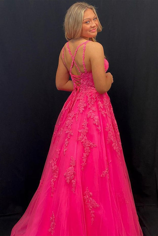 Open Back Hot Pink Lace Long Prom Dress with Appliques, Hot Pink Lace Formal Graduation Evening Dress,DS4596