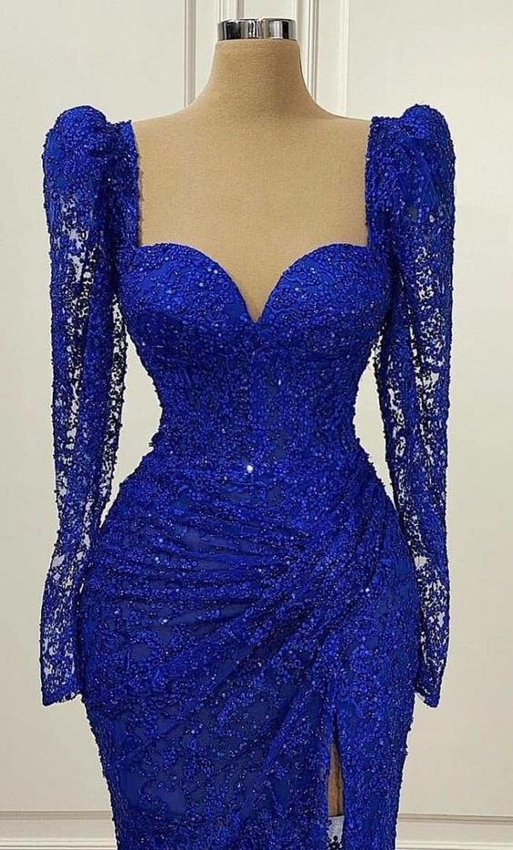 Robe de bal vintage bleu roi à manches longues, DS5015