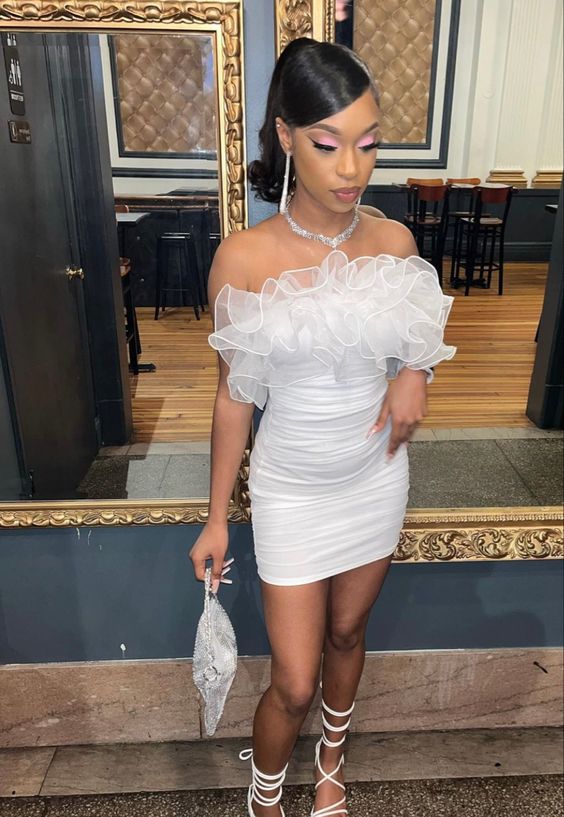 White Short Homecoming Dress With Rufflues ,DH0004 – DSProm White Short Homecoming Dress With Rufflues ,DH0004 – DSProm