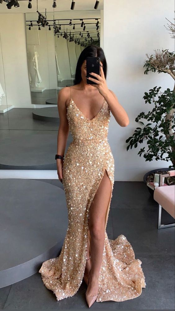 Gold engagement dress spaghetti straps prom dress leg split sequins evening dress,ED5792