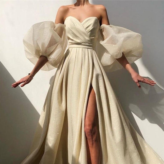 Robe de soirée longue coupe trapèze champagne scintillante, manches bouffantes amovibles, décolleté en cœur, DS4159