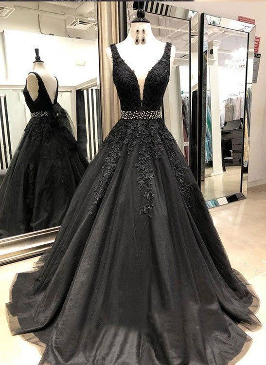 Sexy Schwarzes V-Ausschnitt Tüll Spitze Perlen Langes Ballkleid, Schwarzes Abendkleid Abendgarderobe, DS4487