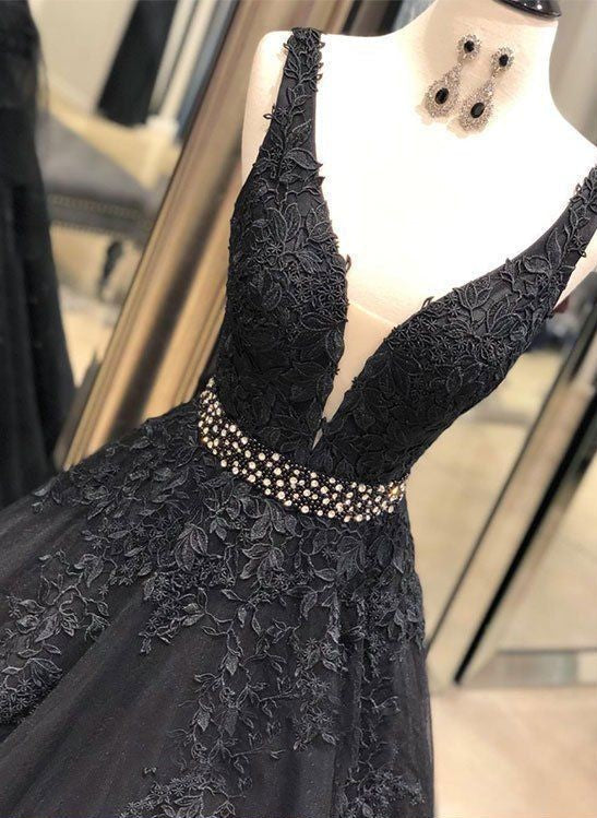 Sexy Schwarzes V-Ausschnitt Tüll Spitze Perlen Langes Ballkleid, Schwarzes Abendkleid Abendgarderobe, DS4487
