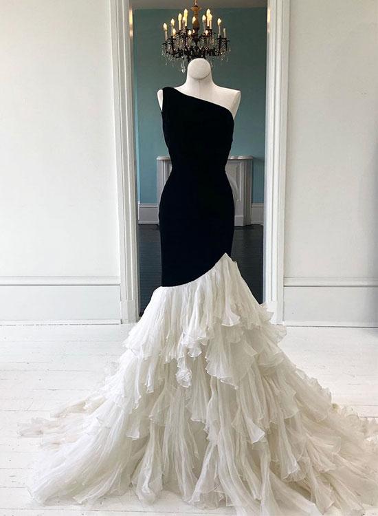 Besonderes ärmelloses Abendkleid mit einer Schulter, langes Meerjungfrau-Ballkleid im Lagenlook, DS4062