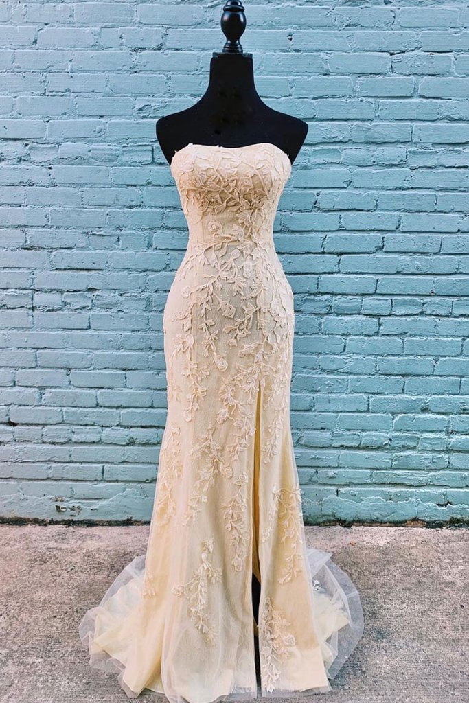 Robe de bal longue sirène en tulle et dentelle champagne. DS4887