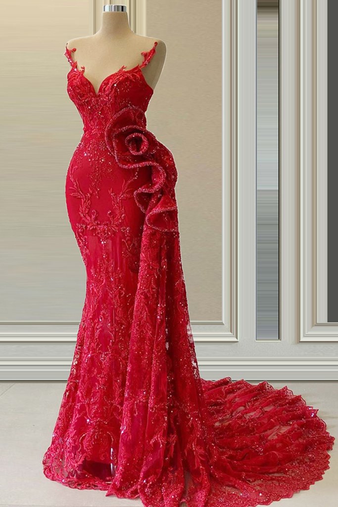 Robe de soirée rouge, robes de soirée élégantes, tenue de soirée, robe de soirée scintillante, robes de soirée en dentelle appliquée, robes de soirée 2022, DS5049