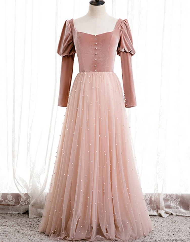 Tüll Samt Langarm Quadratische Perlen Ballkleid,DP24593