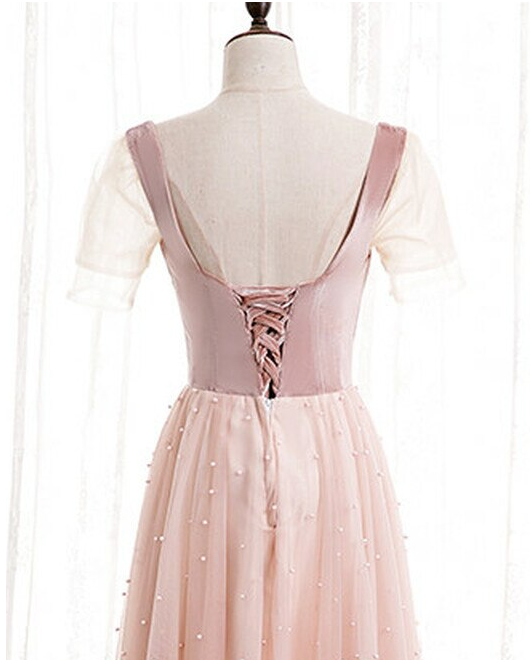 Tüll Samt Kurzarm Quadratische Perlen Ballkleid,DP24592