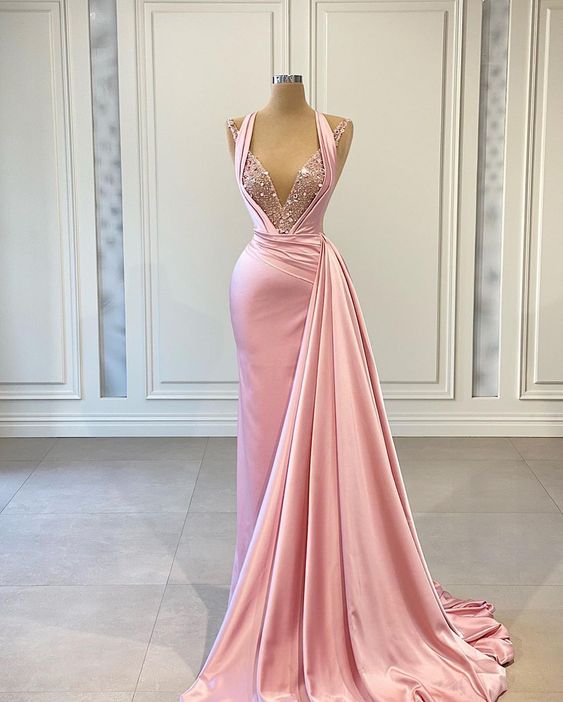 Robe de soirée sexy rose sirène à col en V, DS5034