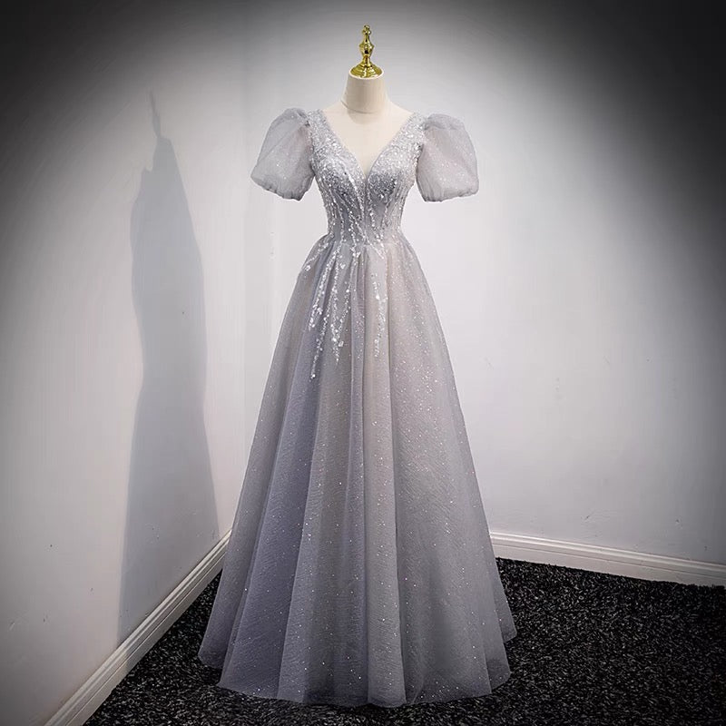 Graues Tüllperlen langes Ballkleid A-Linie Abendkleid,DP24581