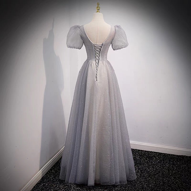 Graues Tüllperlen langes Ballkleid A-Linie Abendkleid,DP24581