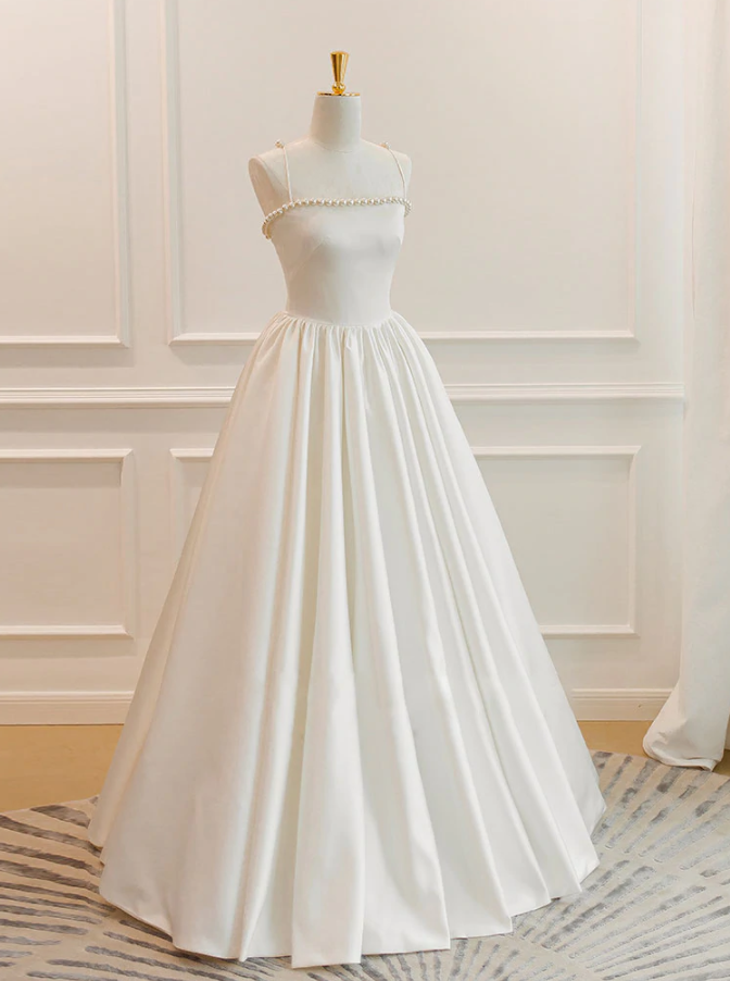 Ballkleider, Einfaches langes Ballkleid aus elfenbeinfarbenem Satin, langes Abendkleid aus Elfenbein, DP24580