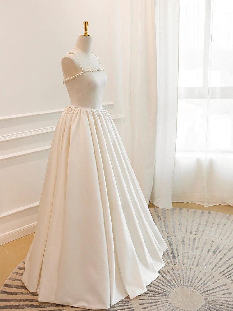Ballkleider, Einfaches langes Ballkleid aus elfenbeinfarbenem Satin, langes Abendkleid aus Elfenbein, DP24580