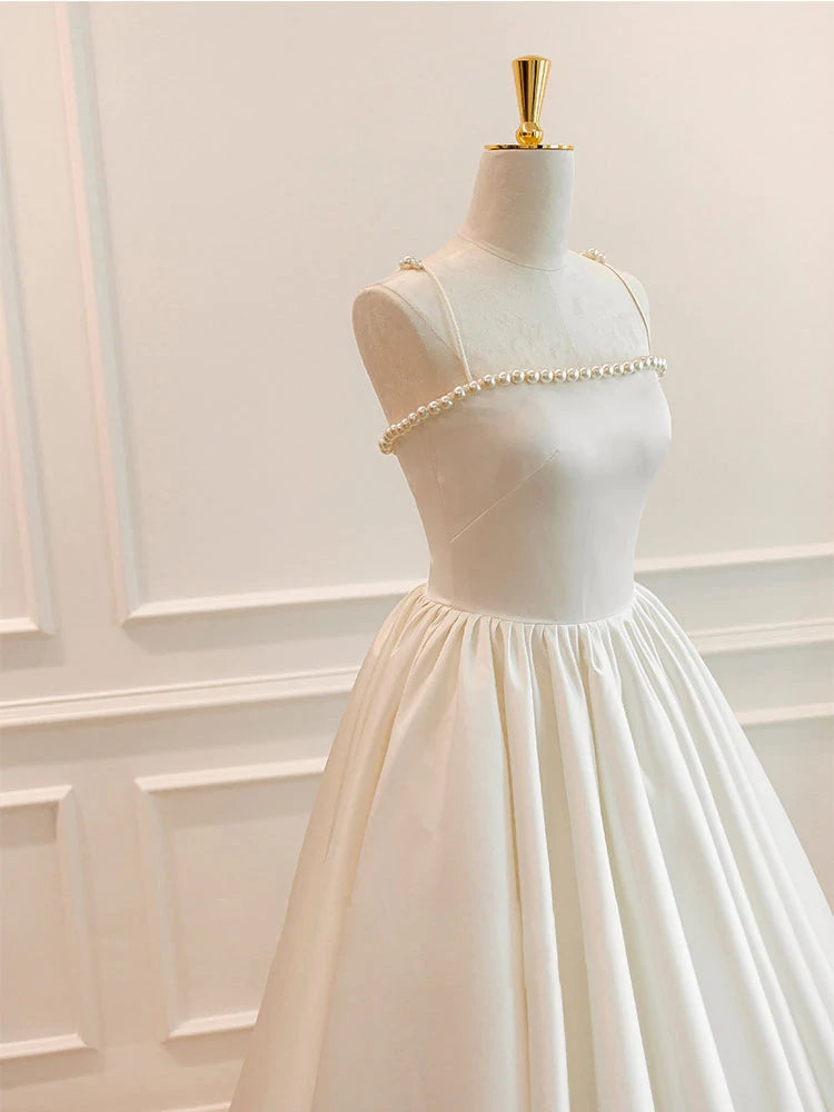 Ballkleider, Einfaches langes Ballkleid aus elfenbeinfarbenem Satin, langes Abendkleid aus Elfenbein, DP24580