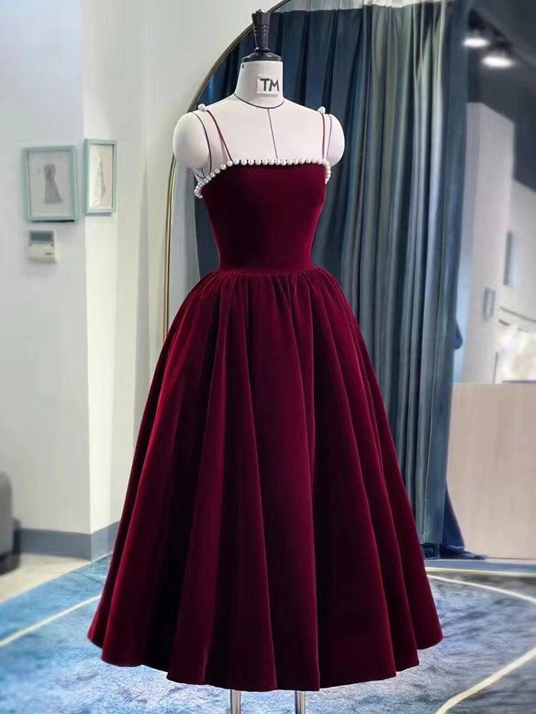 Samtkleid, rotes Alltagskleid, Spaghettiträger-Partykleid, maßgefertigt, DP24579