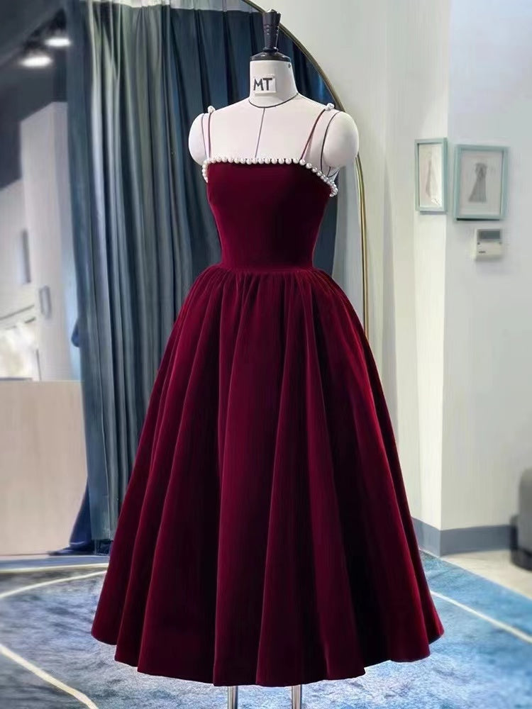 Samtkleid, rotes Alltagskleid, Spaghettiträger-Partykleid, maßgefertigt, DP24579
