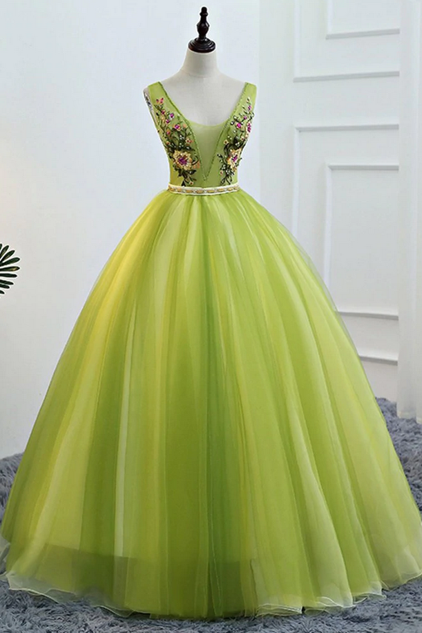 Ballkleider, Tüll, V-Ausschnitt, lang, Schnürung, Abschlussballkleid mit Applikation, DP24572