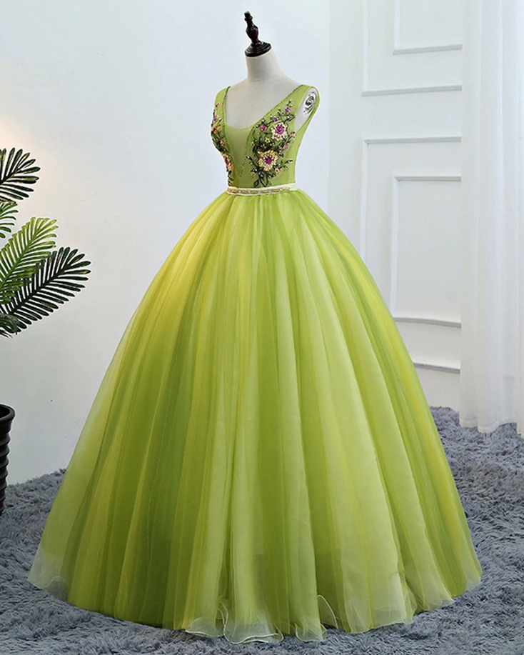 Ballkleider, Tüll, V-Ausschnitt, lang, Schnürung, Abschlussballkleid mit Applikation, DP24572