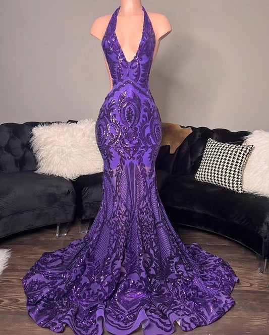 purple prom dresses, mermaid prom dresses, halter prom dresses, formal dresses,DS4920