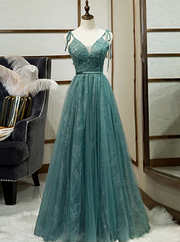 Ballkleider, Spaghettiträger Tüll Schlichtes A-Linien-Abendkleid Langes Ballkleid, DP24567
