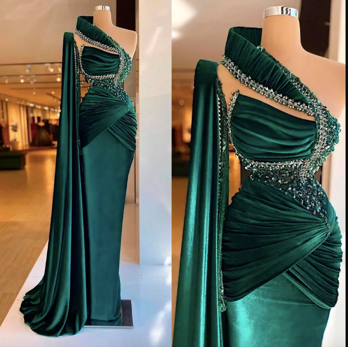 Elegante Perlen Samt Ballkleider Sparkly Sexy Meerjungfrau Eine Schulter Abendkleider Bodenlangen Formale Maß Kleid, DS5120
