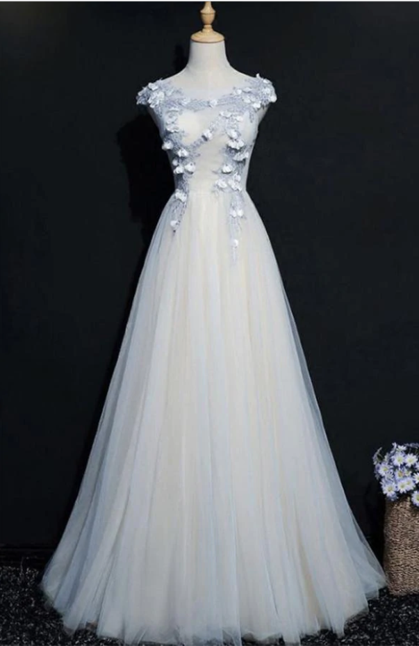 Ballkleider, Tüll-Ballkleid, bodenlanges Abendkleid mit Blumenapplikationen, DP24566