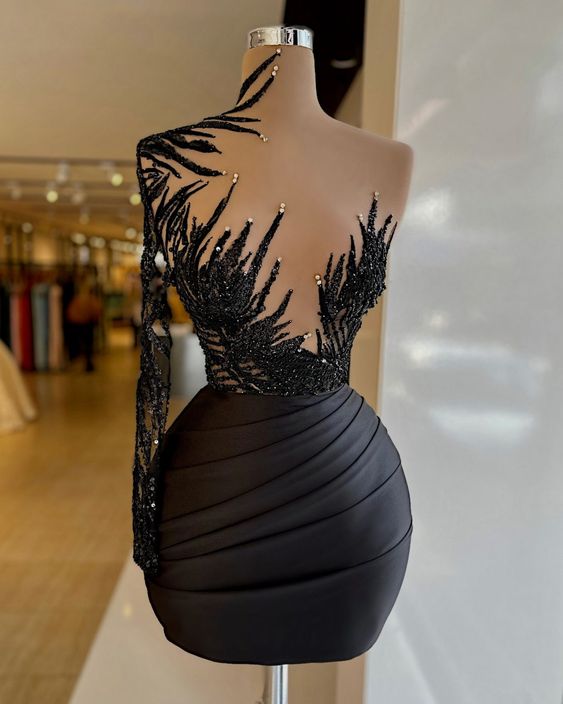 Cocktailpartykleider schwarz perlenbesetzte Spitzenapplikationen Abendkleider kurze Abendkleider Robe de Soiree de Femme sexy formelle Kleider, CD3158