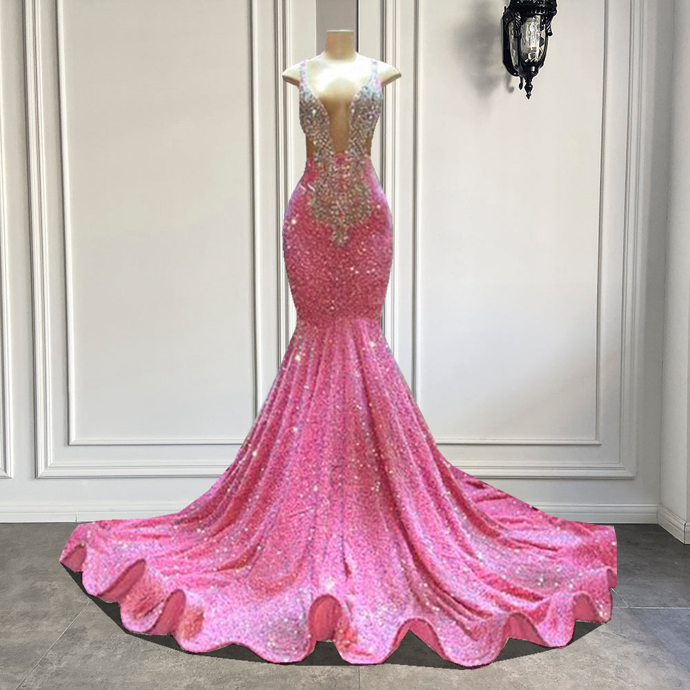 Robes de bal roses, robes de bal à décolleté en V profond, robes de bal scintillantes, robes de soirée 2022, DS4493