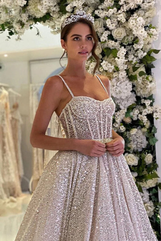 Robe de mariée à paillettes, ligne A, bretelles en tulle brillant, perles, longue traîne, DS4450