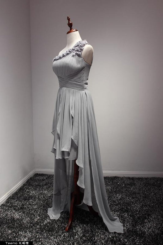 Grey One Shoulder Chiffon High Low Slit Homecoming Dress, Stylish Prom Dress, Women Formal Dress .DS3047