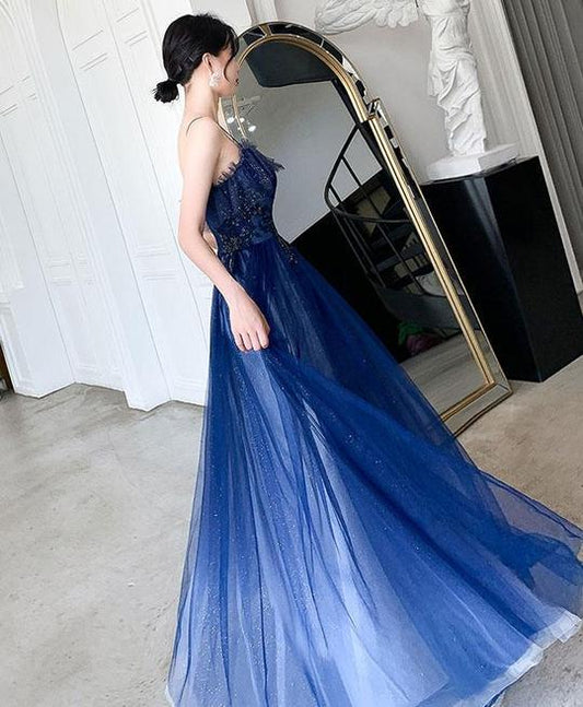 CUTE BLUE SWEETHEART TULLE LACE LONG PROM DRESS BLUE TULLE FORMAL DRESS .DS3046