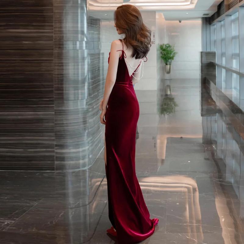 Burgundy Velvet Sexy Mermaid Slit Long Evening Dress, Backless Prom Dress Party Dress .DS3045