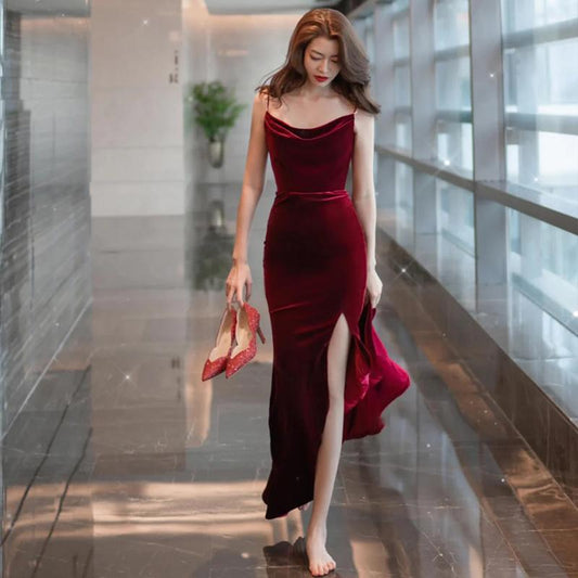Burgundy Velvet Sexy Mermaid Slit Long Evening Dress, Backless Prom Dress Party Dress .DS3045