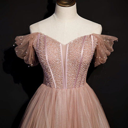 Dark Pink Tulle Beaded Layer Tulle Long Evening Dress, Charming Prom Dress .DS3044