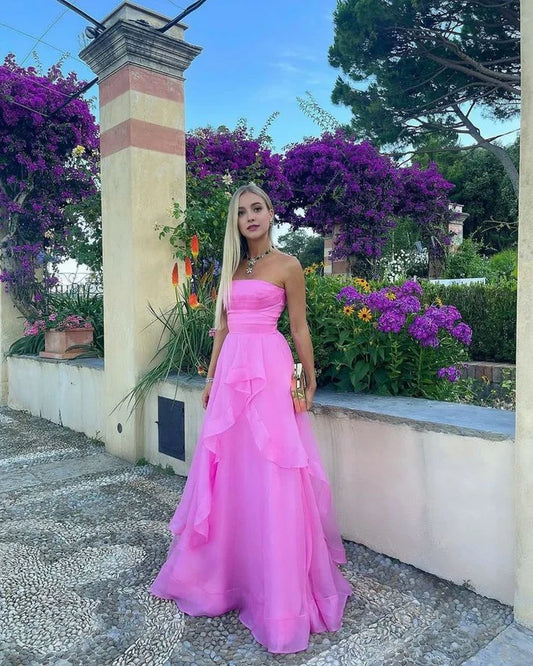 Vintage Hot Pink Strapless Long Prom Dress A-Line Ruffle Formal Dress, DP6562