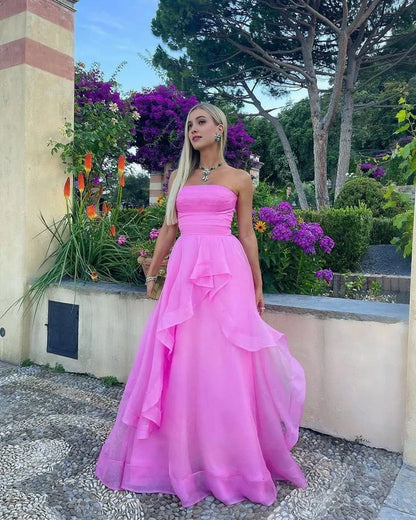 Vintage Hot Pink Strapless Long Prom Dress A-Line Ruffle Formal Dress, DP6562