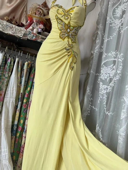 Vintage Gelbes Perlen-Abendkleid mit Herzausschnitt und Stickerei, langes Meerjungfrau-Neckholder-Abendkleid, DP6594