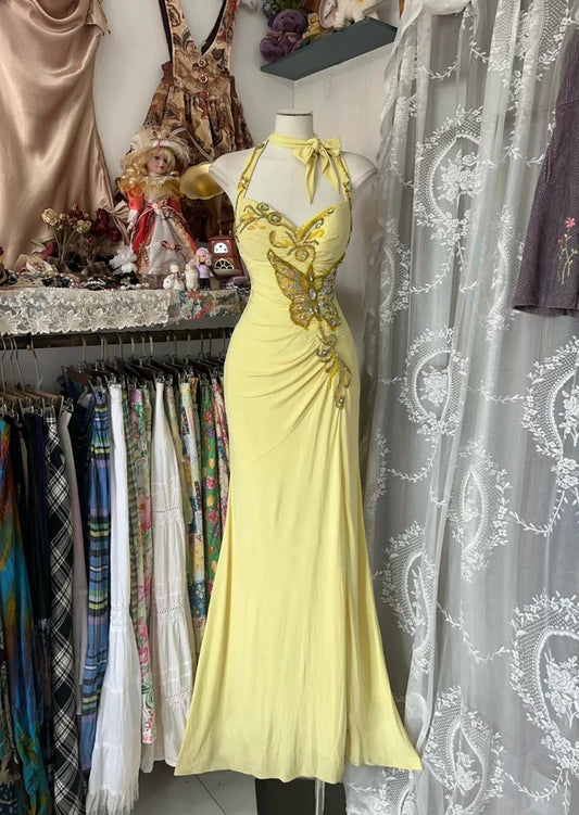 Vintage Gelbes Perlen-Abendkleid mit Herzausschnitt und Stickerei, langes Meerjungfrau-Neckholder-Abendkleid, DP6594