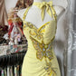Robe de bal vintage jaune brodée, décolleté en cœur et perles, robe de soirée longue style sirène, col licou, DP6594