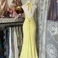Robe de bal vintage jaune brodée, décolleté en cœur et perles, robe de soirée longue style sirène, col licou, DP6594