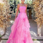 Vintage Hot Pink Strapless Long Prom Dress A-Line Ruffle Formal Dress, DP6562