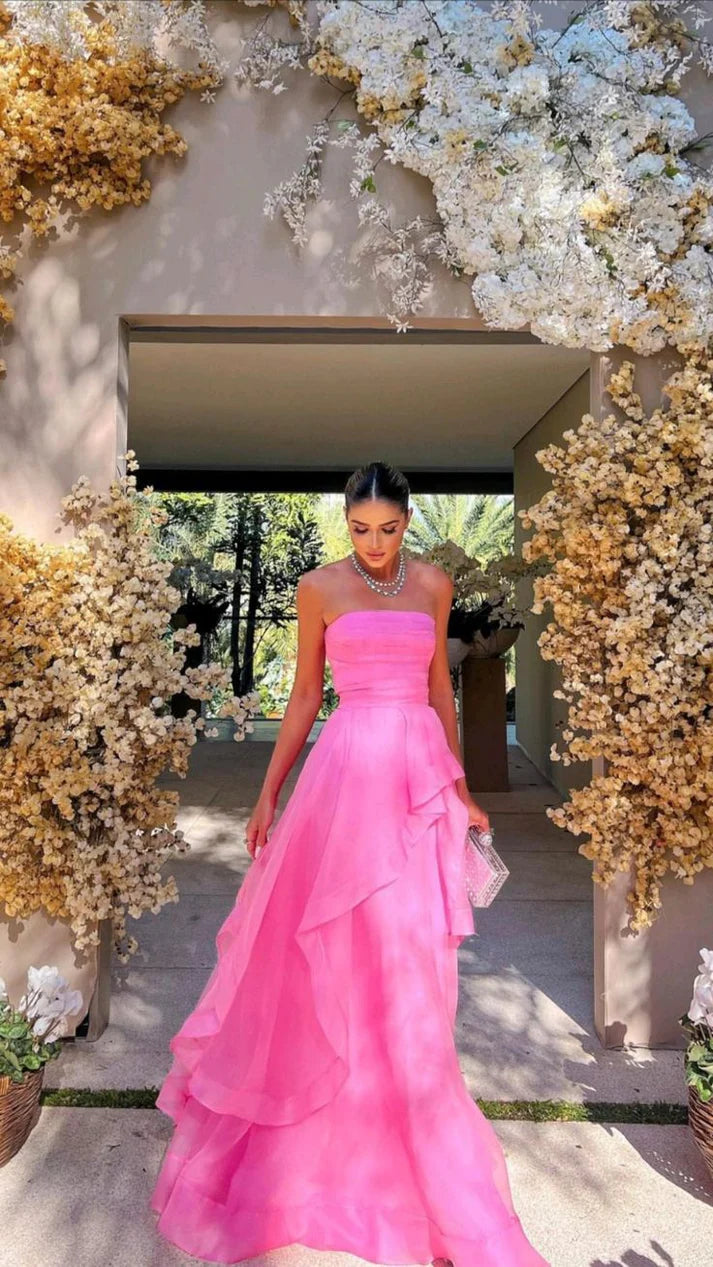 Vintage Hot Pink Strapless Long Prom Dress A-Line Ruffle Formal Dress, DP6562
