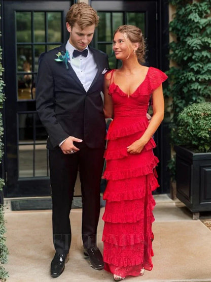 Vintage Red V-neck Long Prom Dress Sheath Tiered High Slit Formal Dress, DP6561