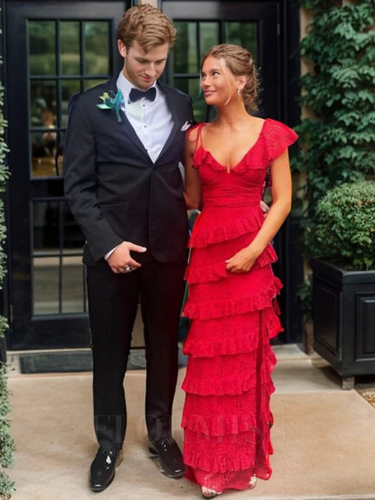 Vintage Red V-neck Long Prom Dress Sheath Tiered High Slit Formal Dress, DP6561