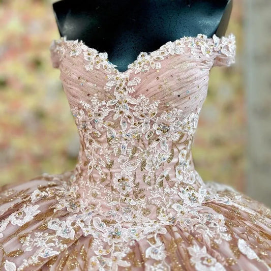 Elegantes rosa Herzausschnitt-Applikation Pailletten Sweet 16 Quinceanera A-Linie Tüll bodenlang Ballkleid Geburtstagskleid Abendkleid Ballkleid DP6460
