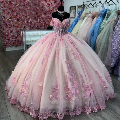 Beautiful Pink Sweetheart Applique Beaded Sweet 16 Quinceanera A-Line Tulle Floor-length Prom Dress Birthday Dress Evening Dress Ball Gown DP6456