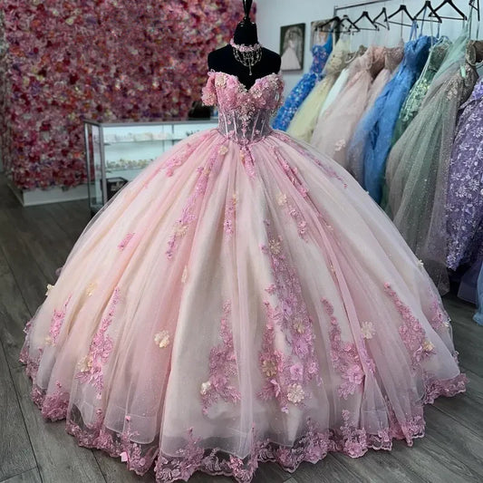 Wunderschönes rosa Sweetheart-Applikation mit Perlen Sweet 16 Quinceanera A-Linie Tüll bodenlanges Ballkleid Geburtstagskleid Abendkleid Ballkleid DP6456