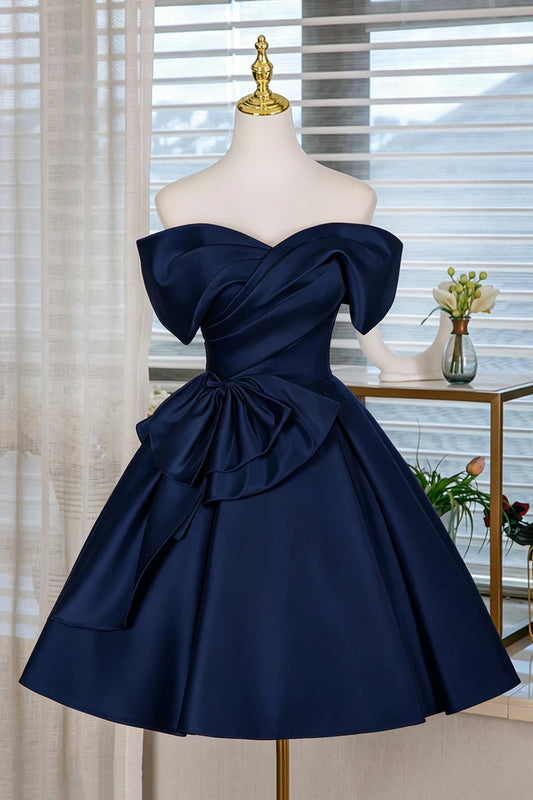 Cute Navy Blue Off-the-Shoulder Satin Bow Homecoming Dress DP8479