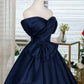 Cute Navy Blue Off-the-Shoulder Satin Bow Homecoming Dress DP8479