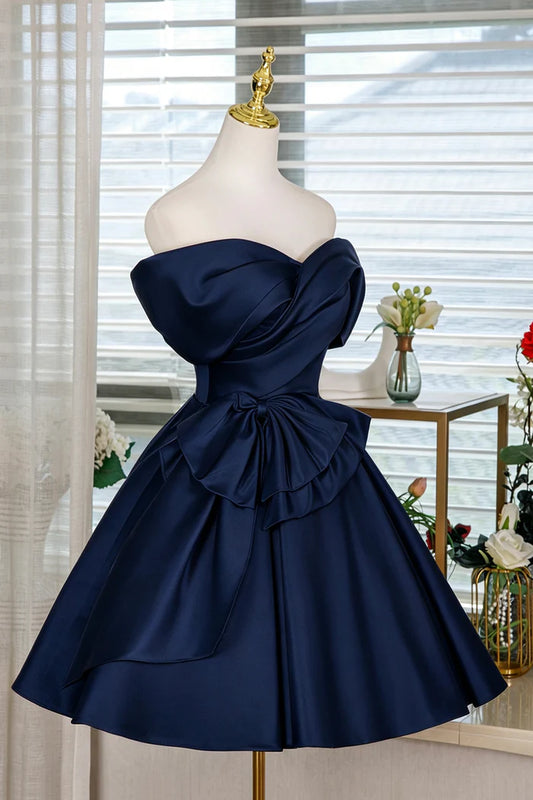 Cute Navy Blue Off-the-Shoulder Satin Bow Homecoming Dress DP8479
